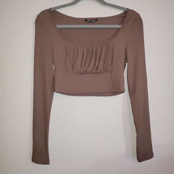 SHEIN BROWN RIBBED MILKMADE LONG SLEEVE STRETCH CROP TOP NEW SIZE LARGE - Picture 1 of 5